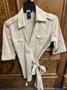 Moda International Beige Tie-Waist Utility Blouse